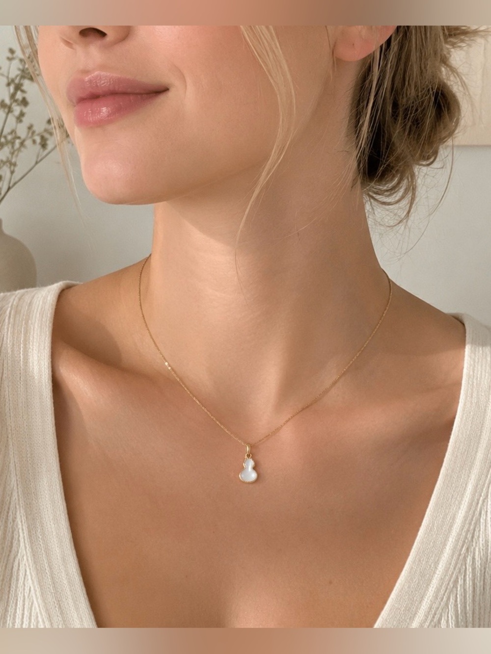 Double-Sided Dainty Gold lucky Gourd Necklace | Mother of Pearl & Blue Enamel - Picture 3 of 7